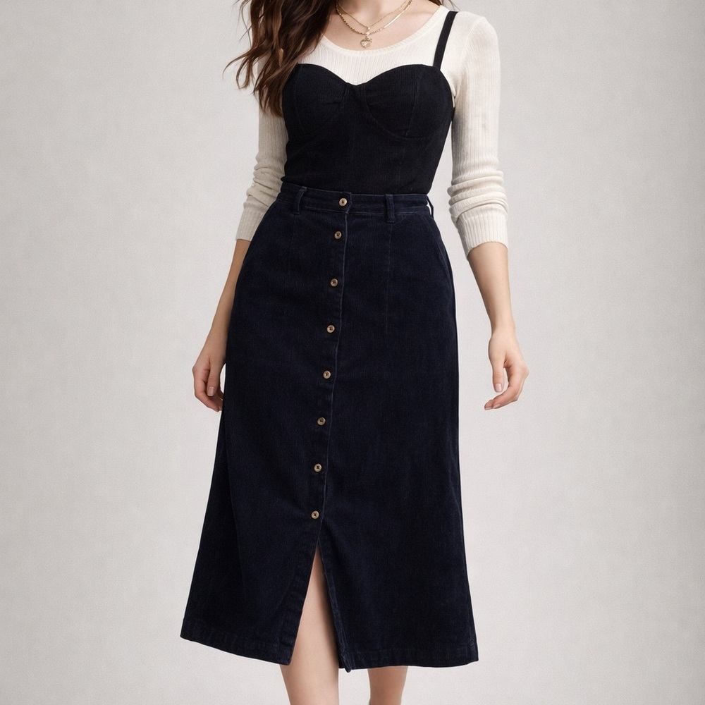 Brooks Brothers Corduroy Button Front Midi Skirt Navy Size 8 Vintage Academia